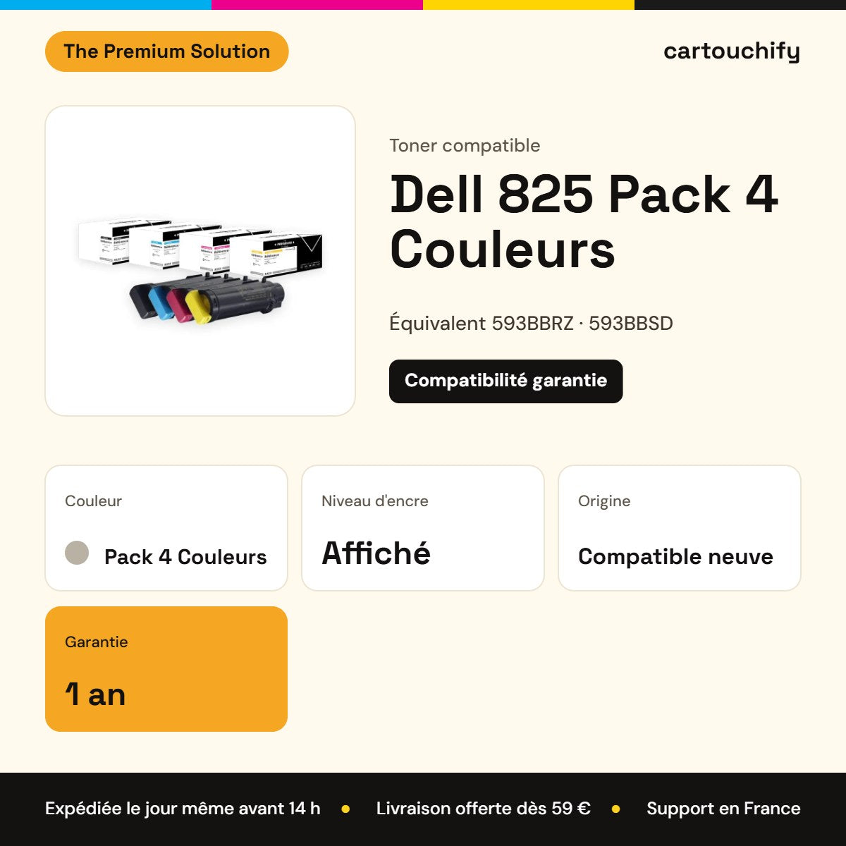 Dell 825 Toner Pack 4 Couleurs compatible équivalent à 593BBRZ, 593BBSD, 593BBRV : caractéristiques