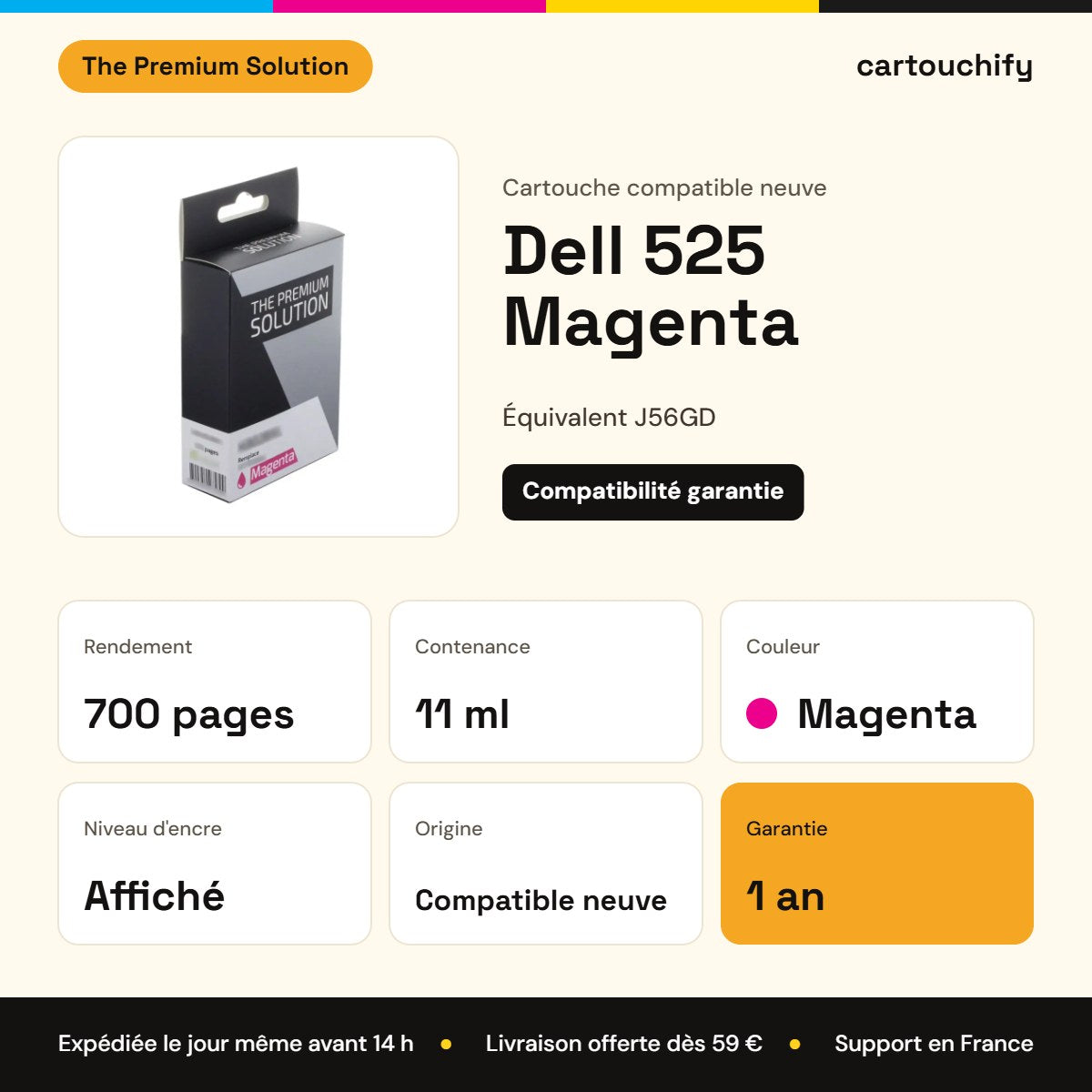 Dell 525 Cartouche Magenta compatible équivalent à J56GD : caractéristiques