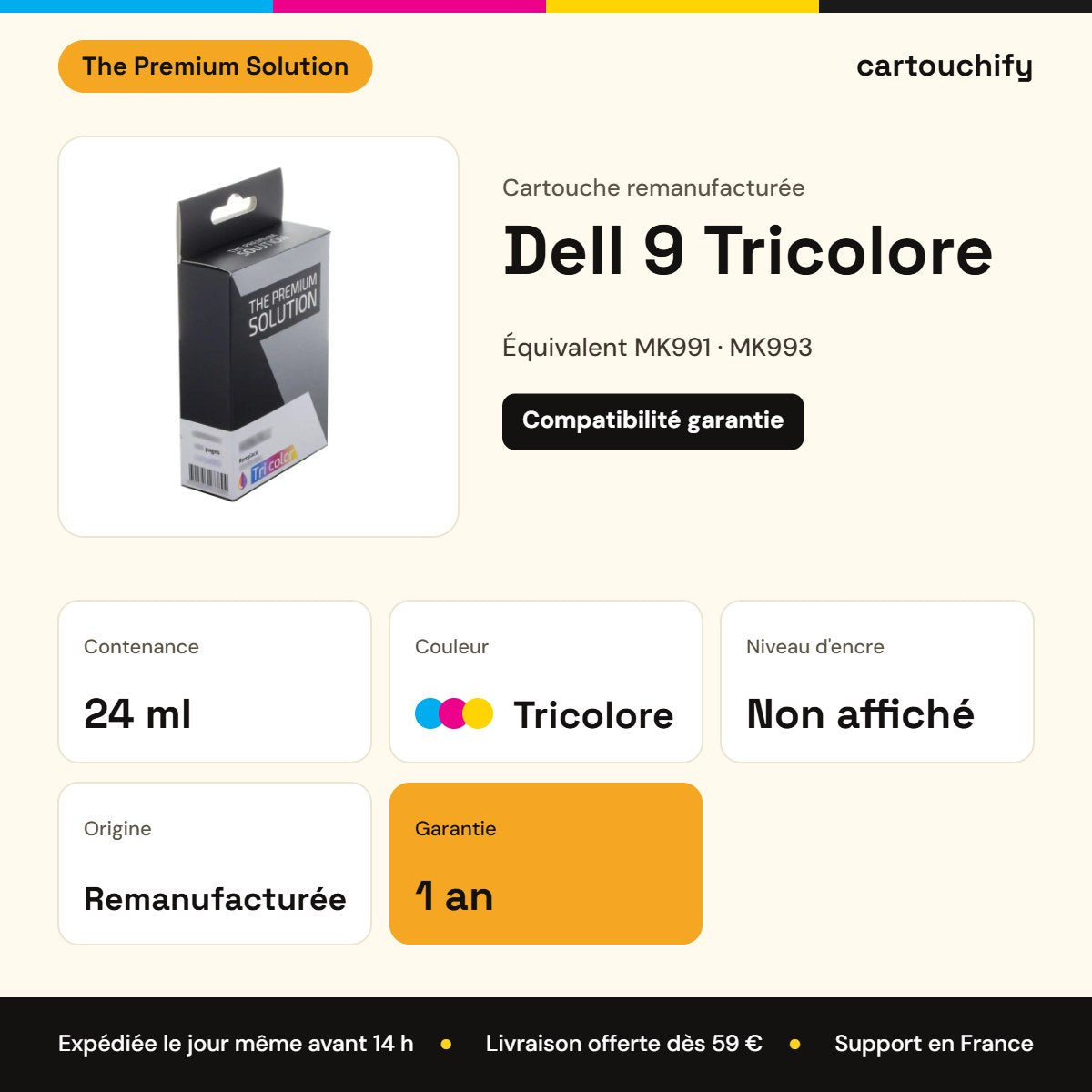 Dell 9 Cartouche Tricolore remanufacturé équivalent à MK991, MK993, 59210212 : caractéristiques
