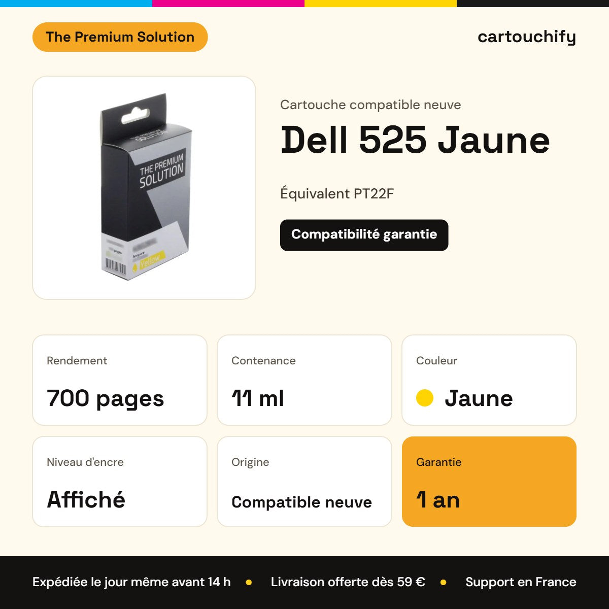 Dell 525 Cartouche Jaune compatible équivalent à PT22F : caractéristiques