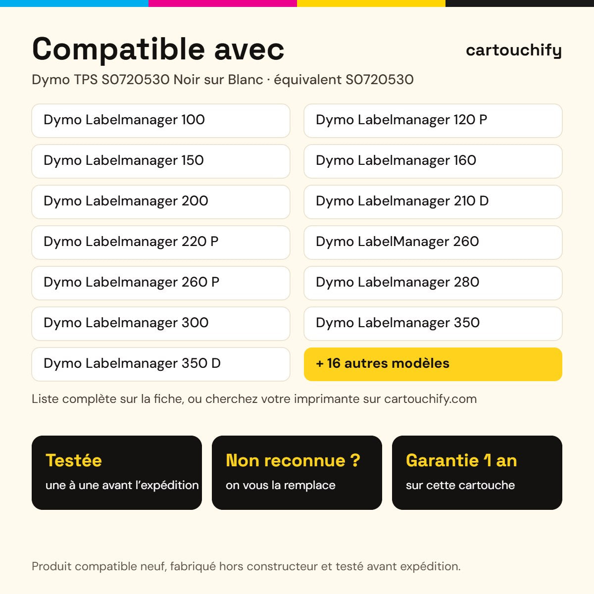 Imprimantes compatibles avec Dymo TPS S0720530 Ruban transfert thermique Noir sur Blanc compatible équivalent à S0720530 12mm