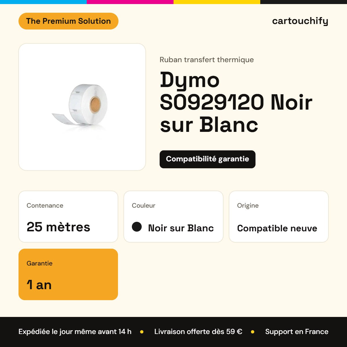 Dymo S0929120 Ruban transfert thermique Noir sur Blanc compatible : caractéristiques