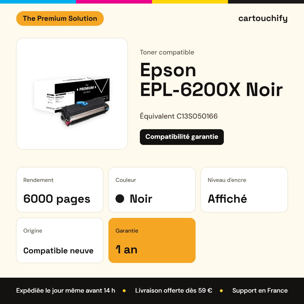 Epson EPL-6200X Toner Noir compatible équivalent à C13S050166 : caractéristiques