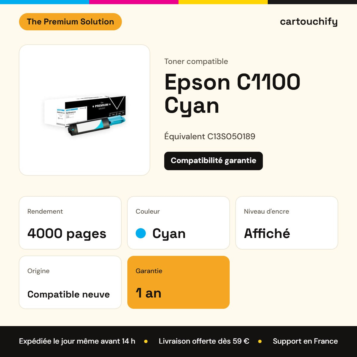 Epson C1100 Toner Cyan compatible équivalent à C13S050189 : caractéristiques