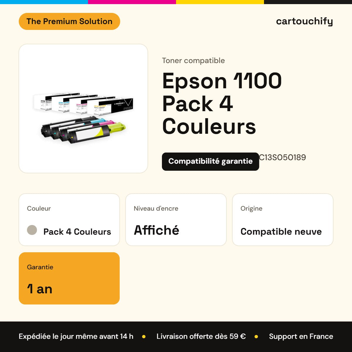 Epson 1100 Toner Pack 4 Couleurs compatible équivalent à C13S050190, C13S050189, C13S050188 : caractéristiques
