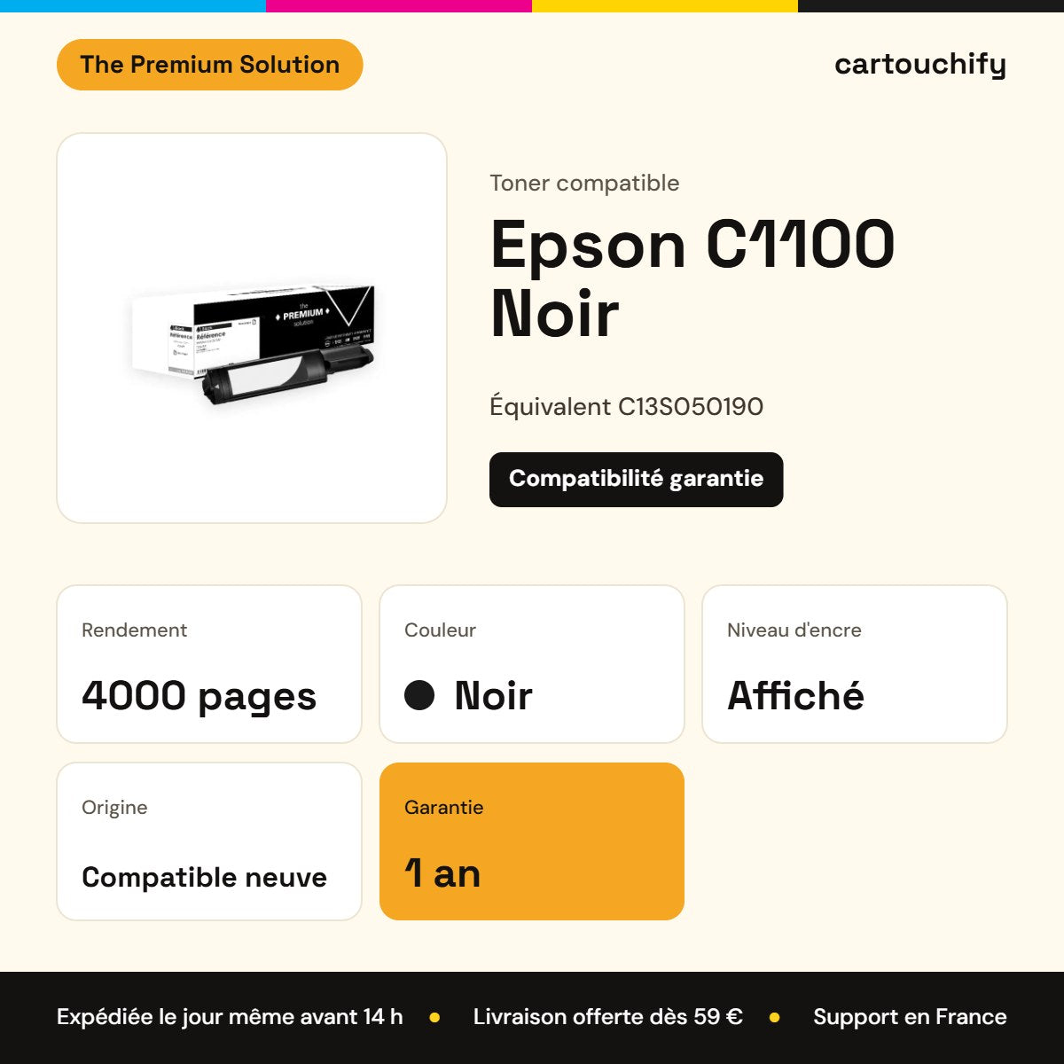Epson C1100 Toner Noir compatible équivalent à C13S050190 : caractéristiques