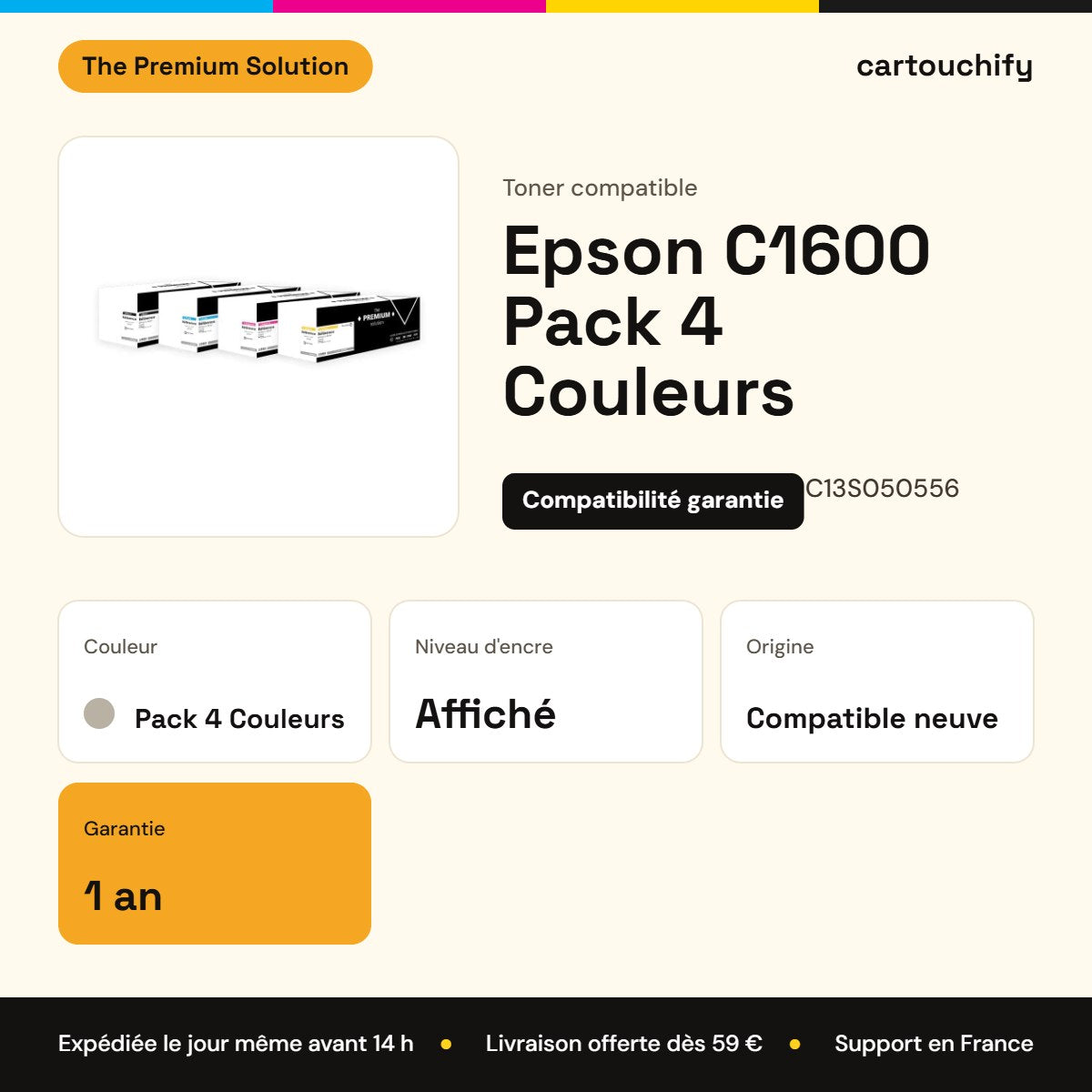 Epson C1600 Toner Pack 4 Couleurs compatible équivalent à C13S050557, C13S050556, C13S050555 : caractéristiques