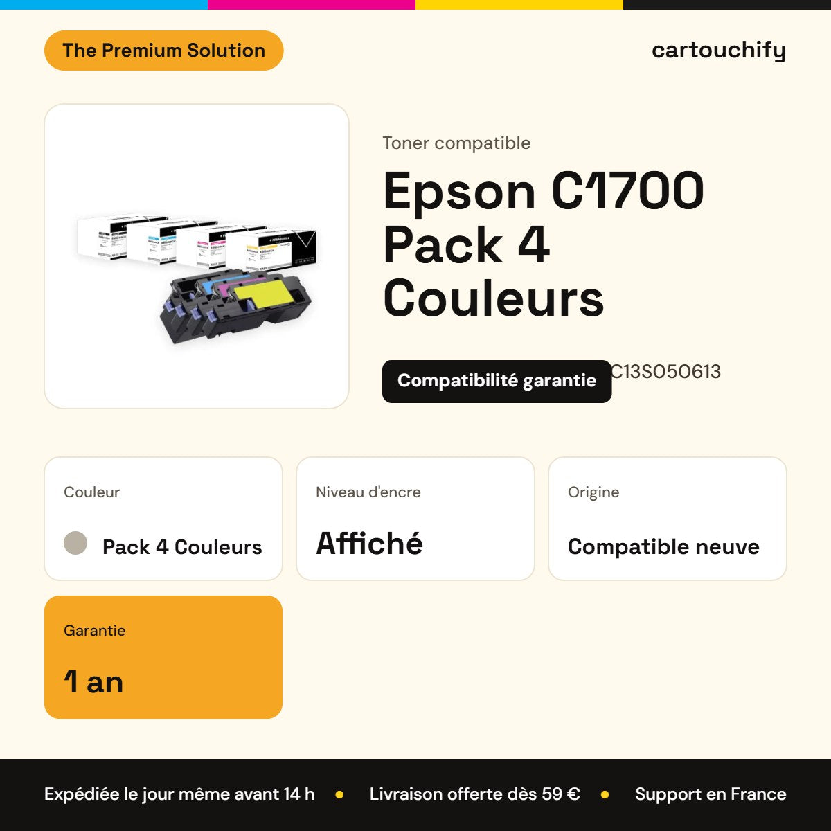 Epson C1700 Toner Pack 4 Couleurs compatible équivalent à C13S050614, C13S050613, C13S050612 : caractéristiques