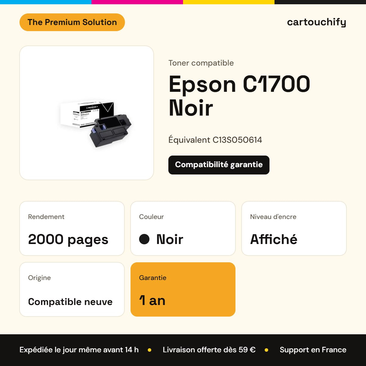 Epson C1700 Toner Noir compatible équivalent à C13S050614 : caractéristiques