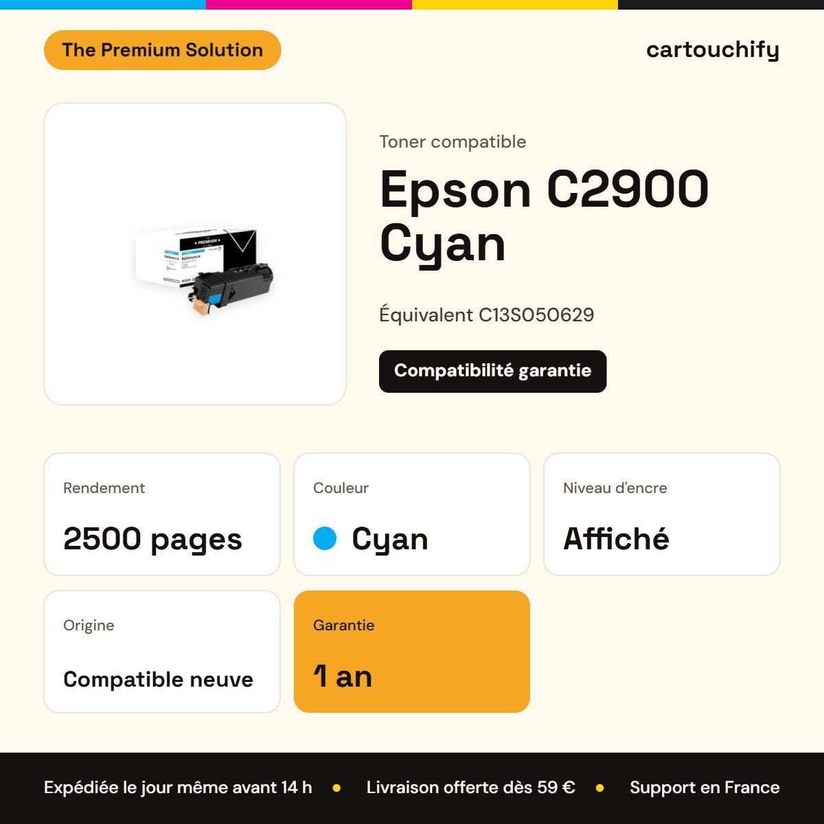 Epson C2900 Toner Cyan compatible équivalent à C13S050629 : caractéristiques