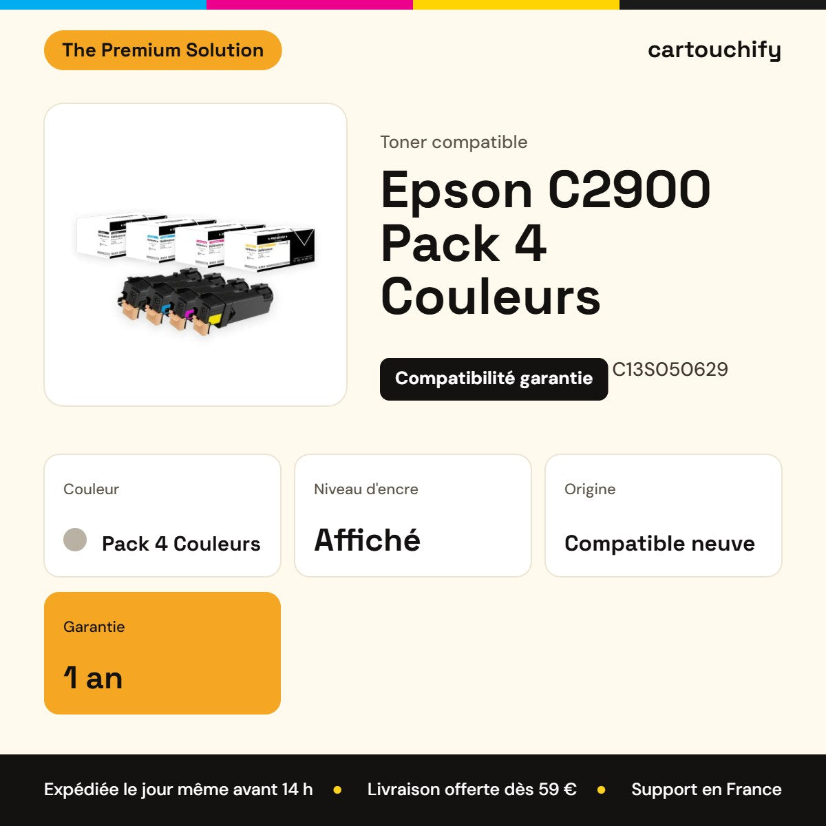 Epson C2900 Toner Pack 4 Couleurs compatible équivalent à C13S050630, C13S050629, C13S050628 : caractéristiques