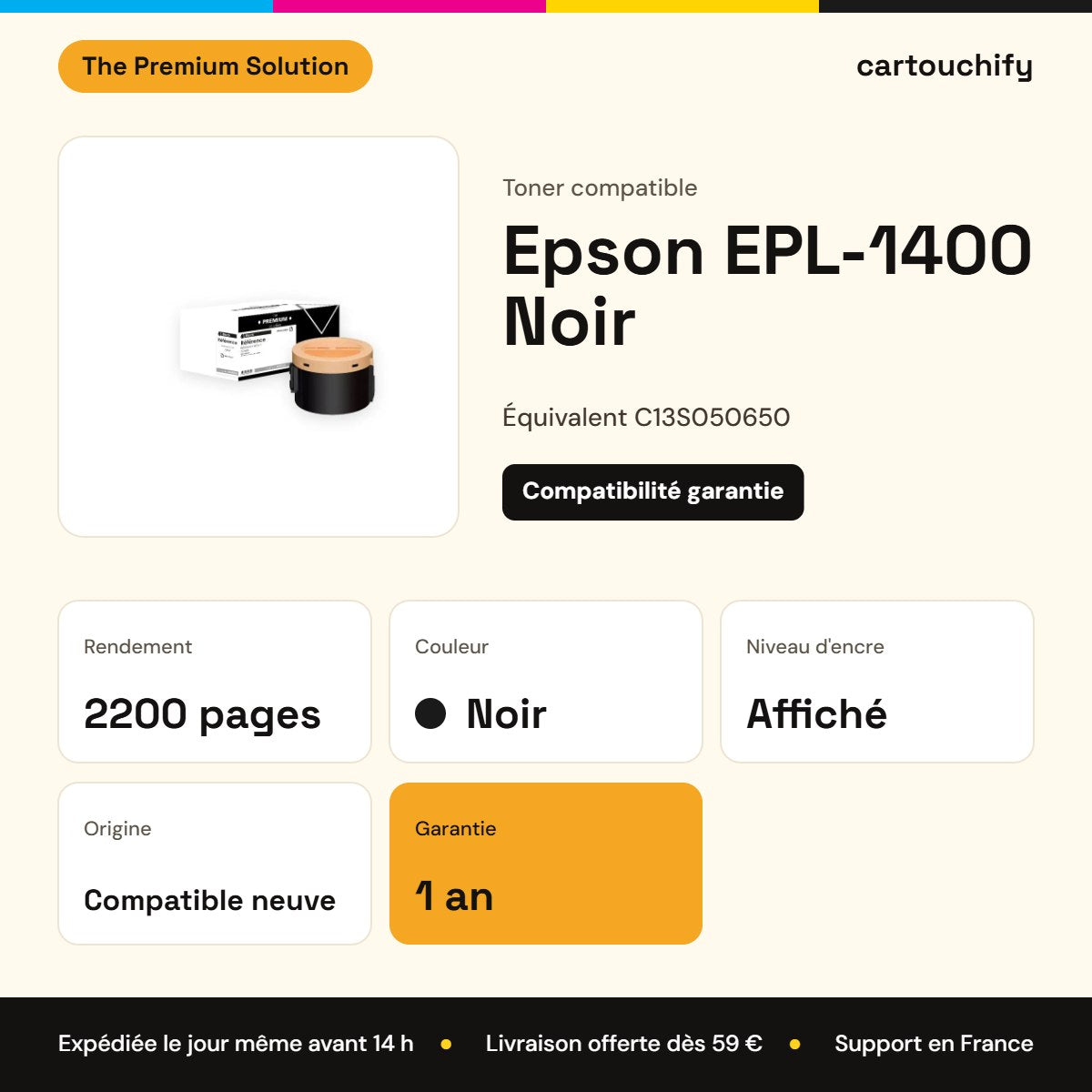 Epson EPL-1400 Toner Noir compatible équivalent à C13S050650 : caractéristiques
