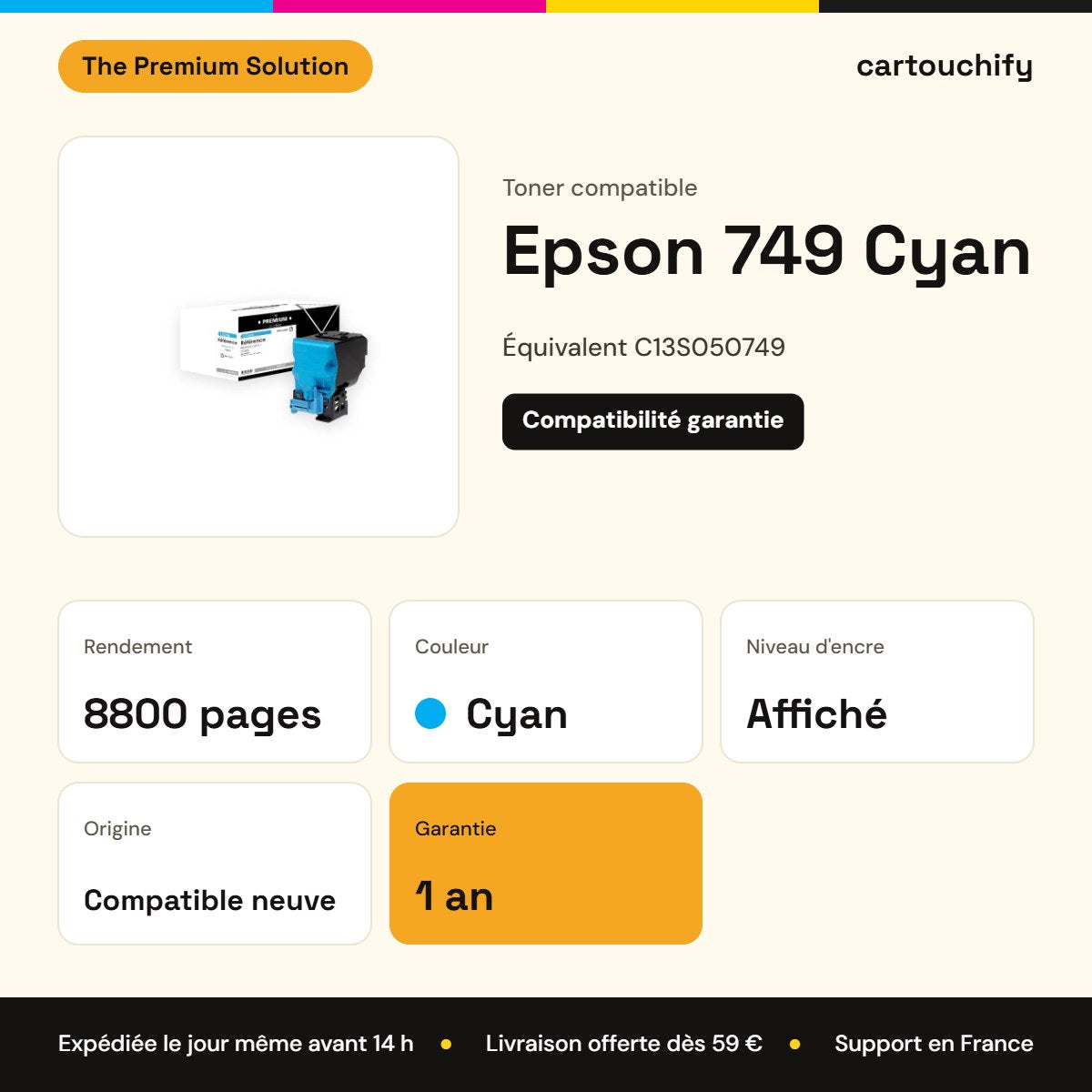 Epson 749 Toner Cyan compatible équivalent à C13S050749 : caractéristiques