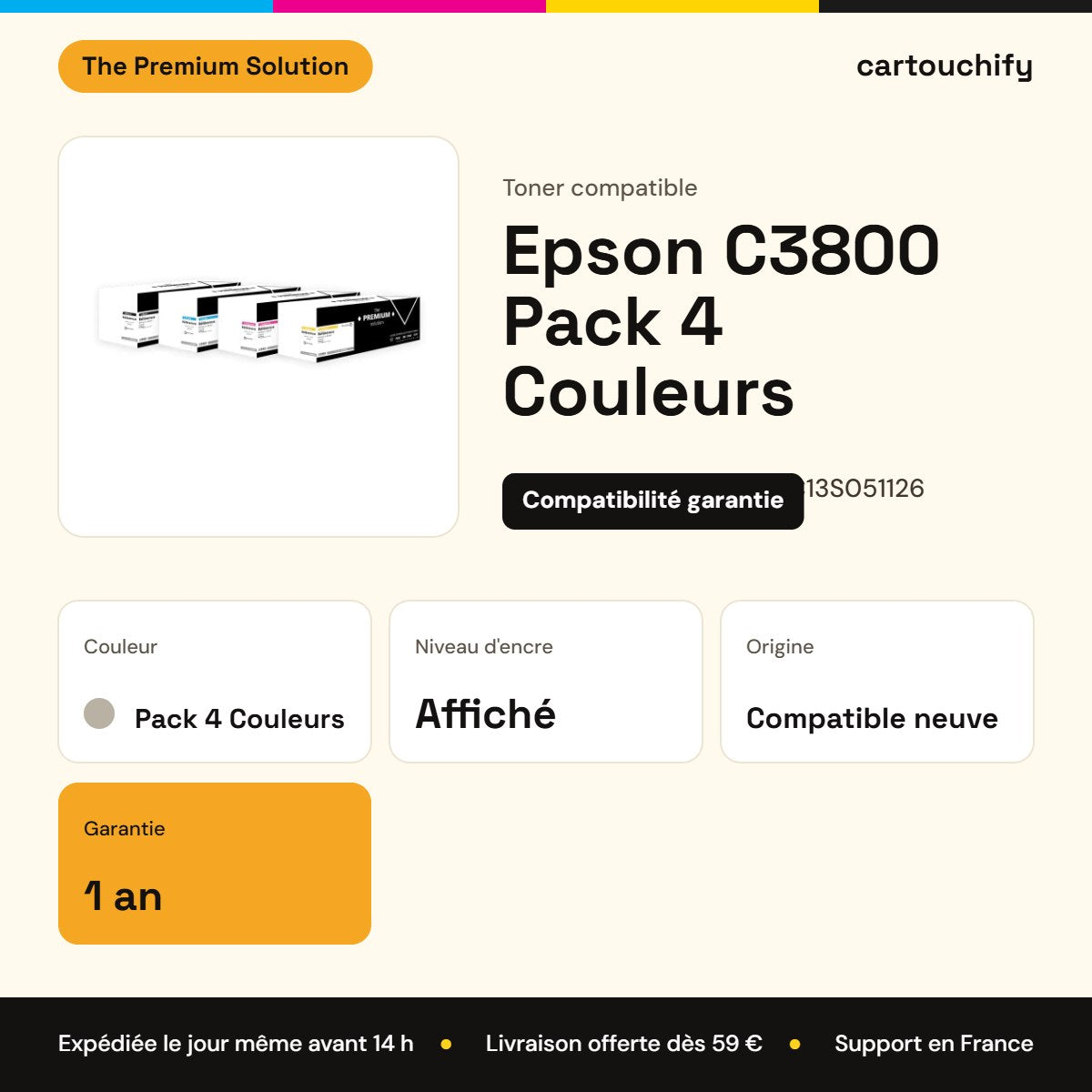 Epson C3800 Toner Pack 4 Couleurs compatible équivalent à C13S051127, C13S051126, C13S051125 : caractéristiques