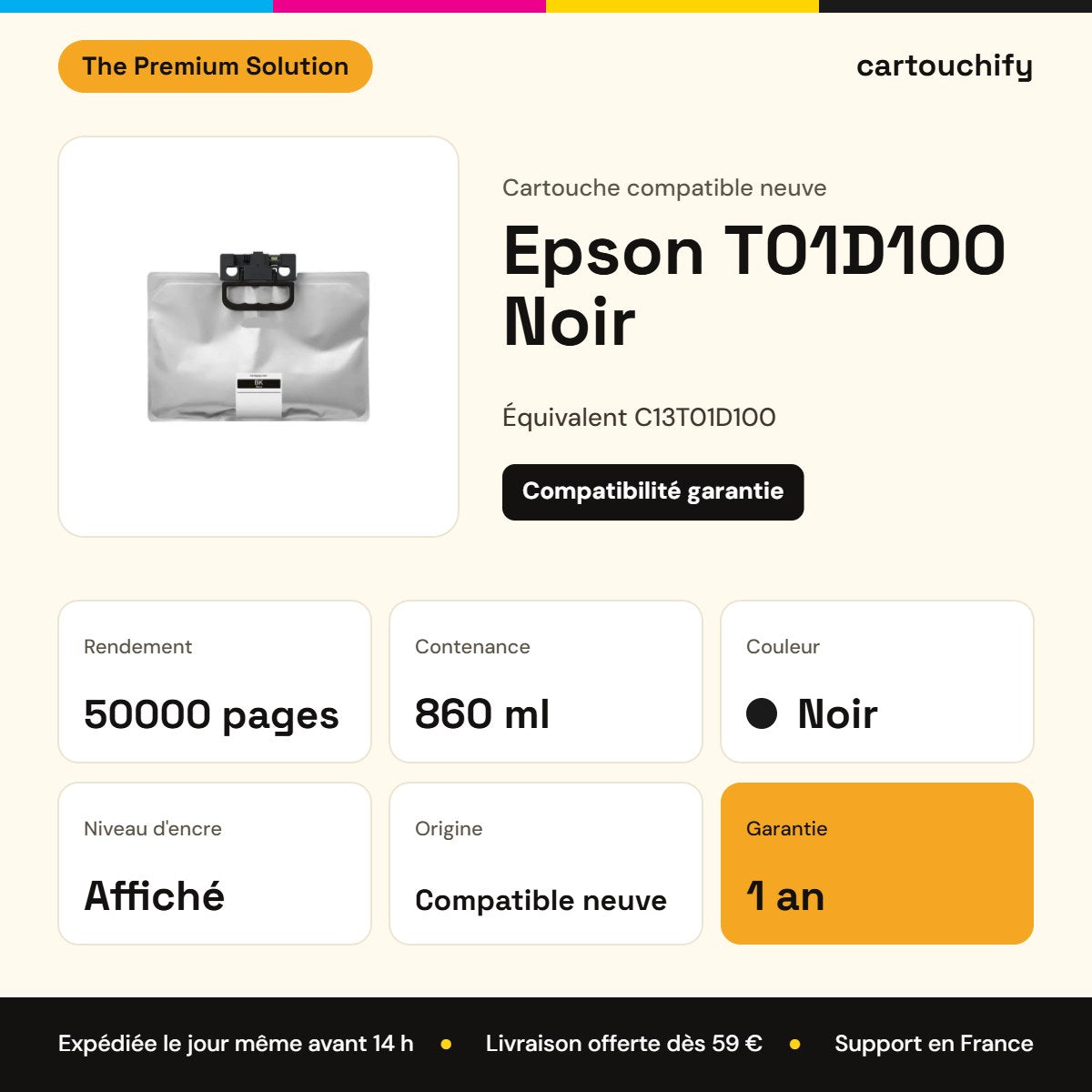 Epson T01D100 Noir The Premium Solution : rendement 50000 pages, 860 ml, garantie 1 an