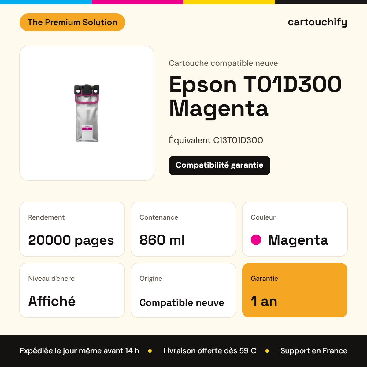 Epson T01D300 Magenta The Premium Solution : rendement 20000 pages, 860 ml, garantie 1 an