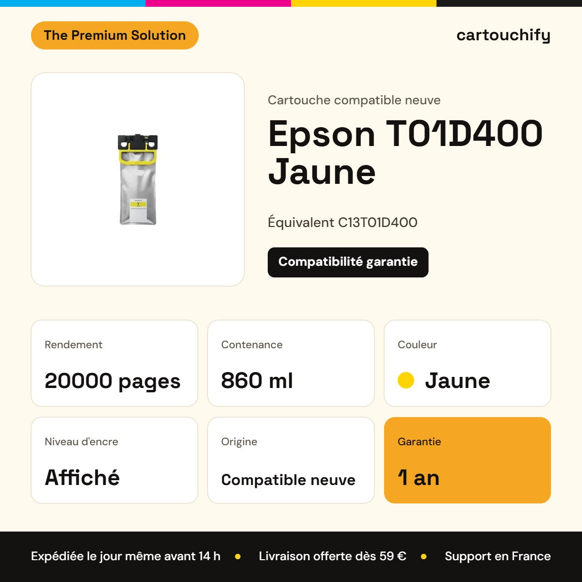 Epson T01D400 Jaune The Premium Solution : rendement 20000 pages, 860 ml, garantie 1 an