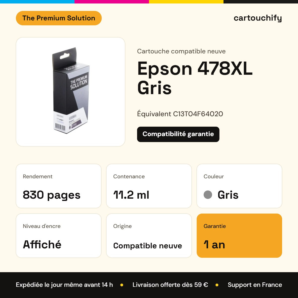 Epson 478XL Cartouche Grey compatible équivalent à C13T04F64020 : caractéristiques