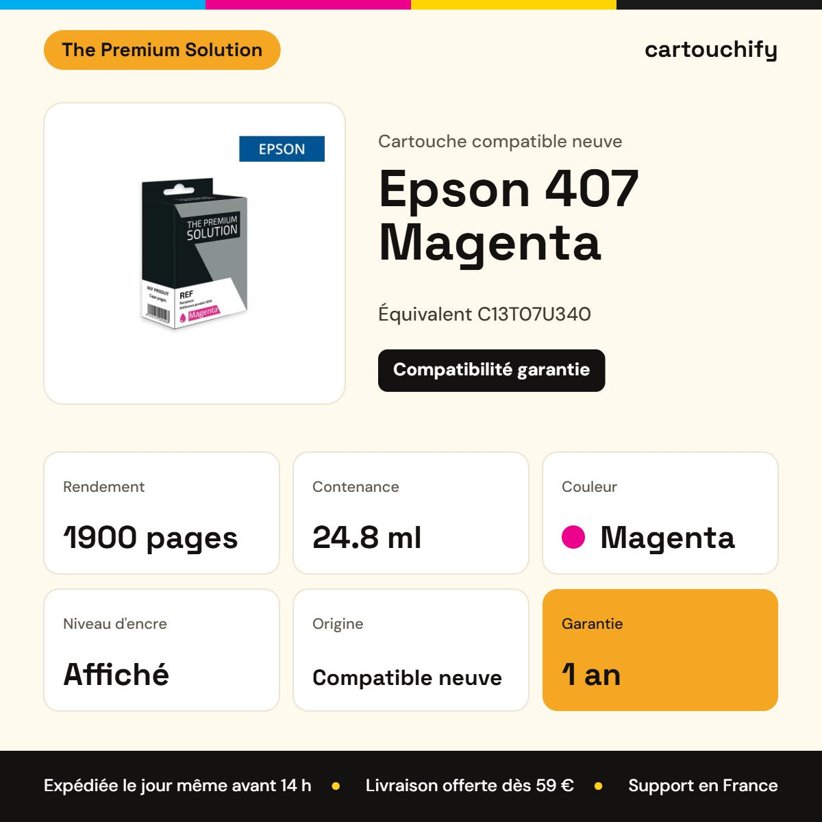 Epson 407 Cartouche Magenta compatible équivalent à C13T07U340 : caractéristiques