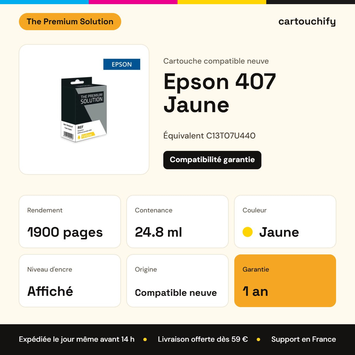 Epson 407 Cartouche Jaune compatible équivalent à C13T07U440 : caractéristiques