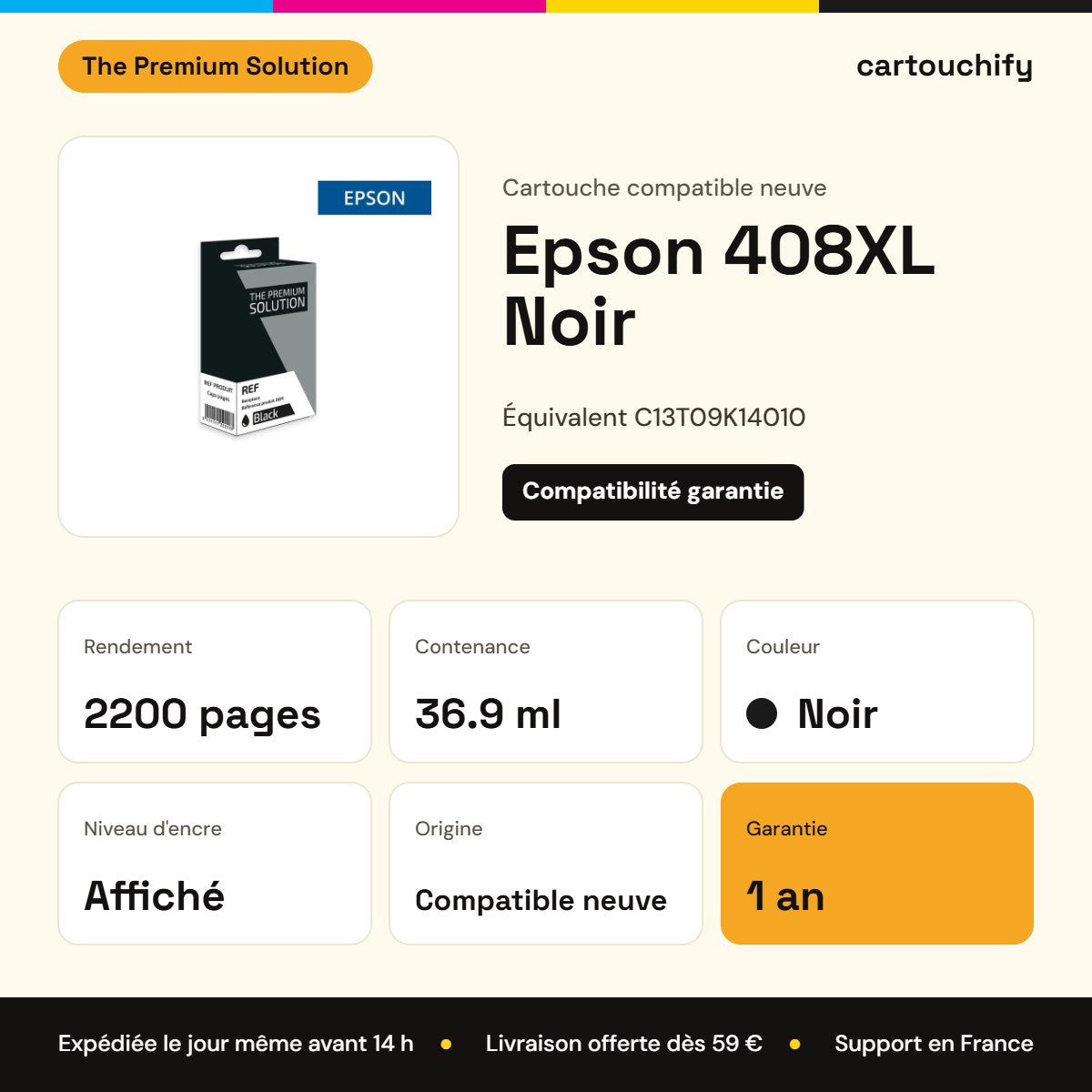 Epson 408XL Cartouche Noir compatible équivalent à C13T09K14010 : caractéristiques