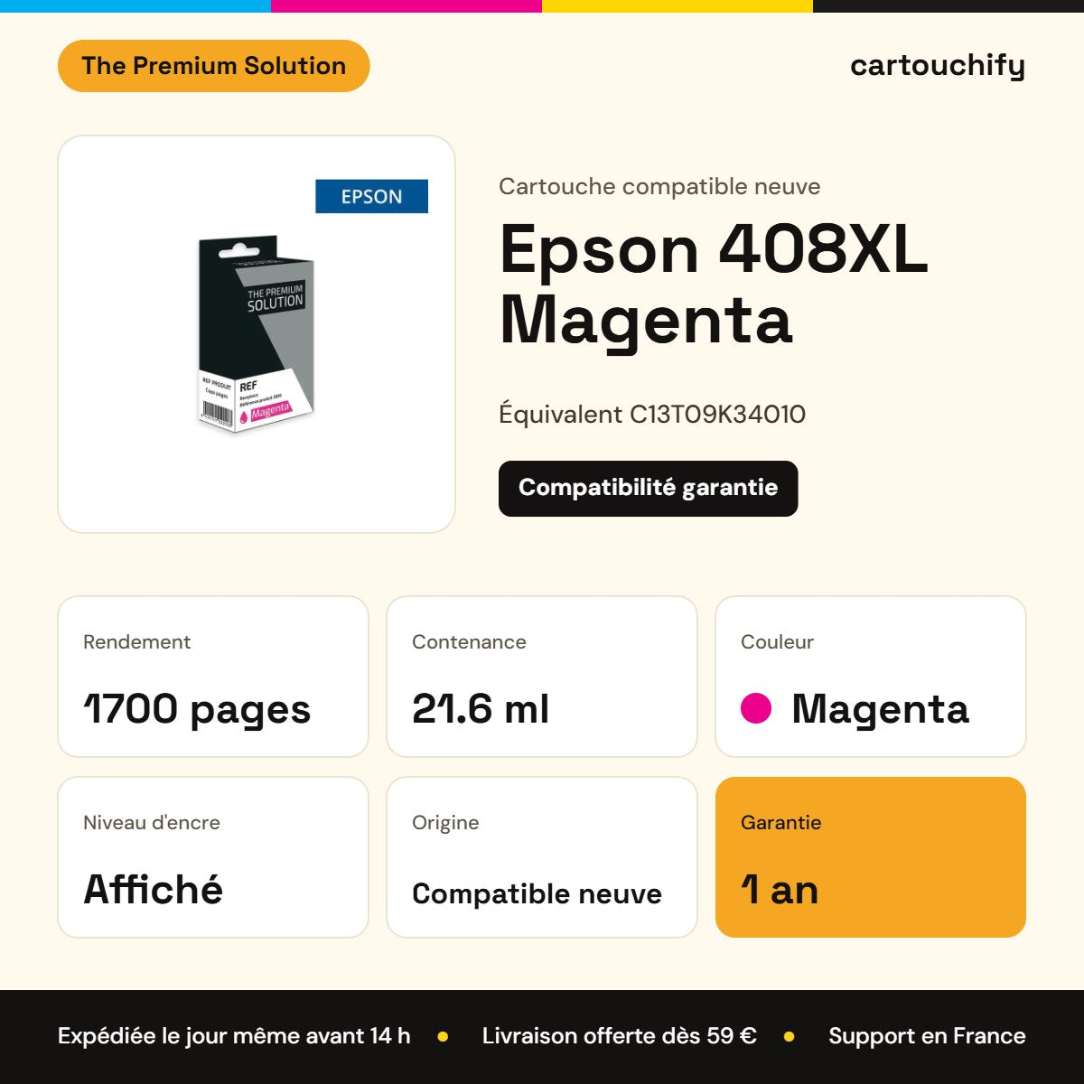 Epson 408XL Cartouche Magenta compatible équivalent à C13T09K34010 : caractéristiques