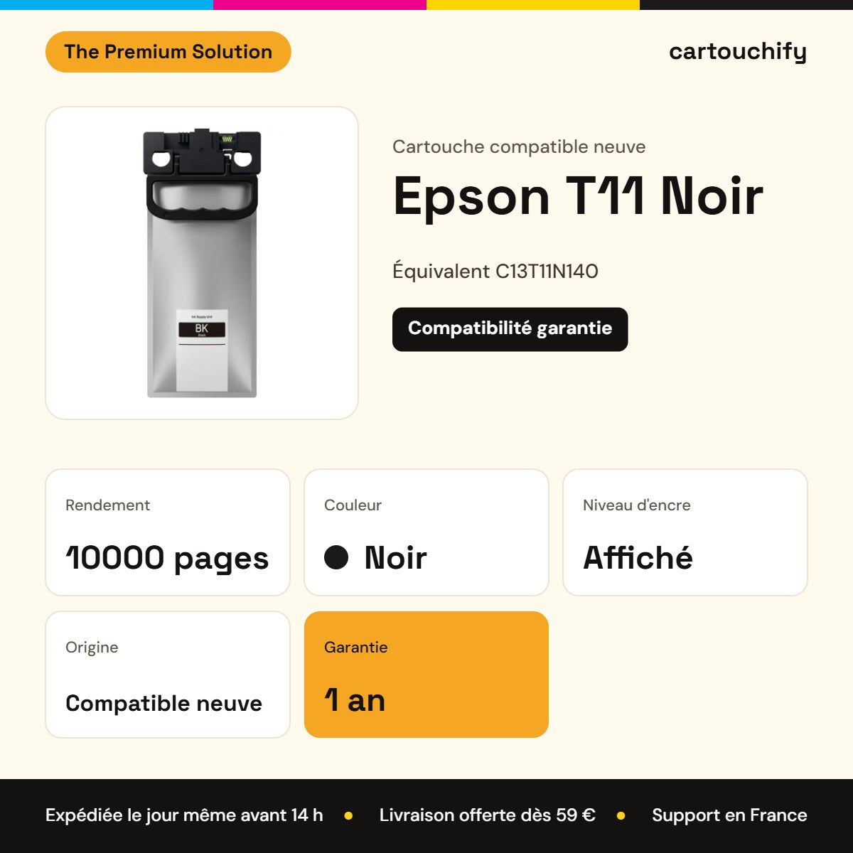 Epson T11 Cartouche Noir compatible équivalent à C13T11N140 : caractéristiques