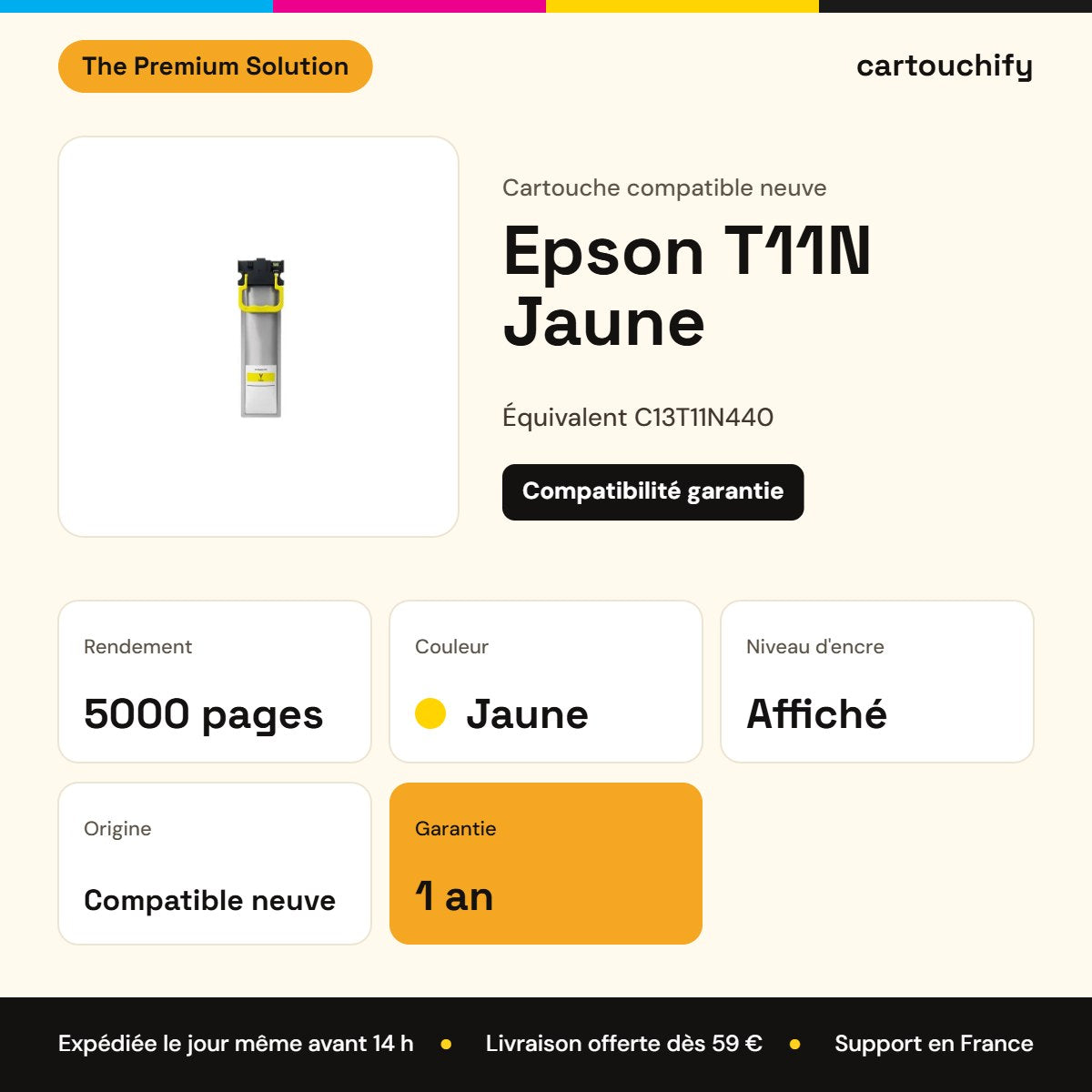 Epson T11N Cartouche Jaune compatible équivalent à C13T11N440 : caractéristiques