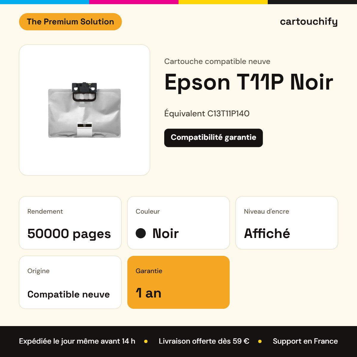 Epson T11P Cartouche Noir compatible équivalent à C13T11P140 : caractéristiques