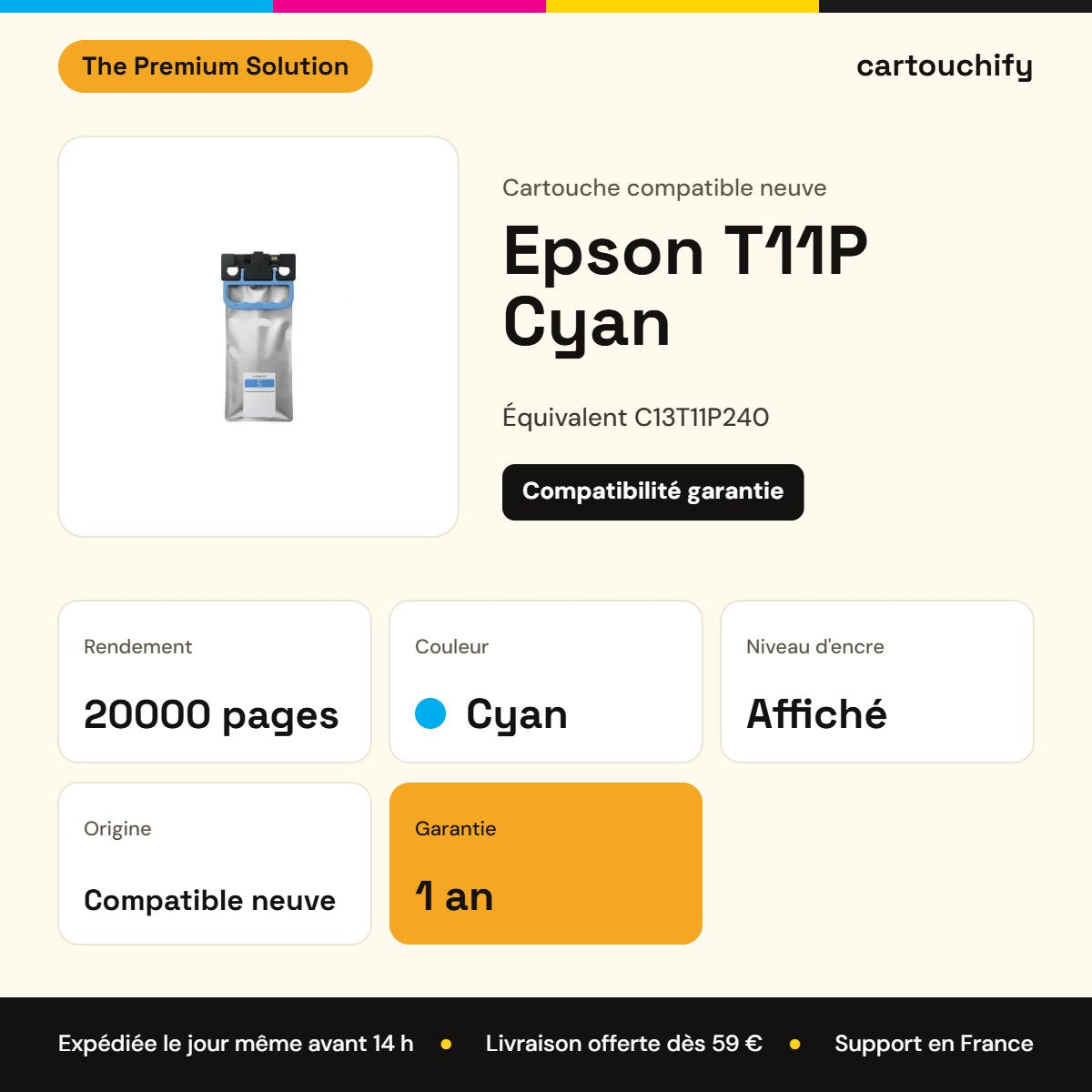 Epson T11P Cartouche Cyan compatible équivalent à C13T11P240 : caractéristiques