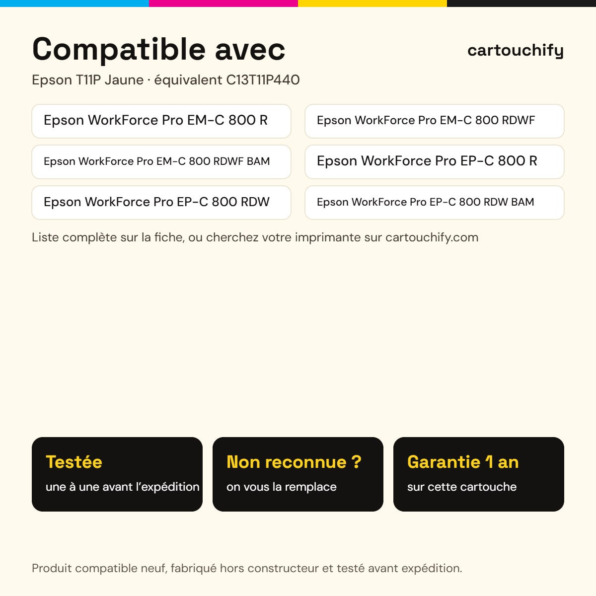 Imprimantes compatibles avec Epson T11P Cartouche Jaune compatible équivalent à C13T11P440