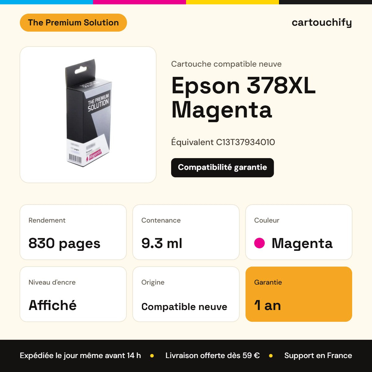 Epson 378XL Cartouche Magenta compatible équivalent à C13T37934010 : caractéristiques