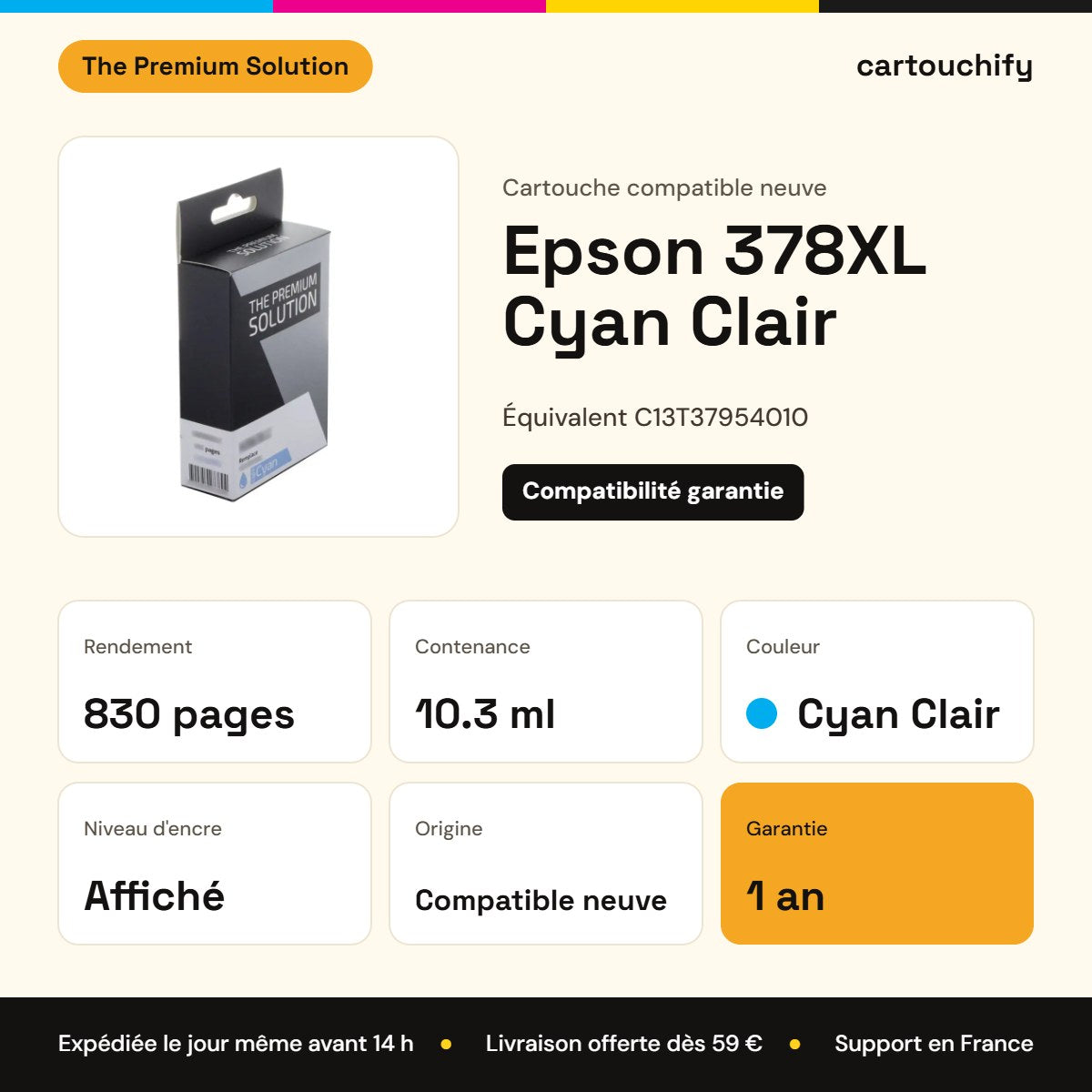 Epson 378XL Cartouche Light Cyan compatible équivalent à C13T37954010 : caractéristiques