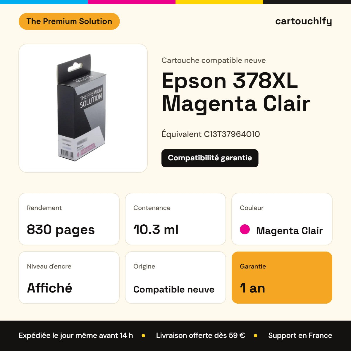 Epson 378XL Cartouche Light Magenta compatible équivalent à C13T37964010 : caractéristiques