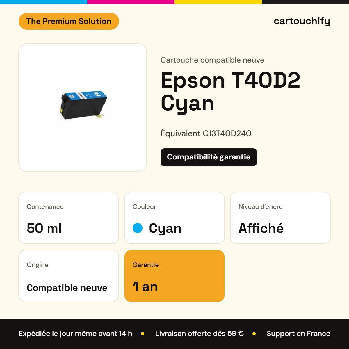 Epson T40D2 Cartouche Cyan compatible équivalent à C13T40D240 : caractéristiques