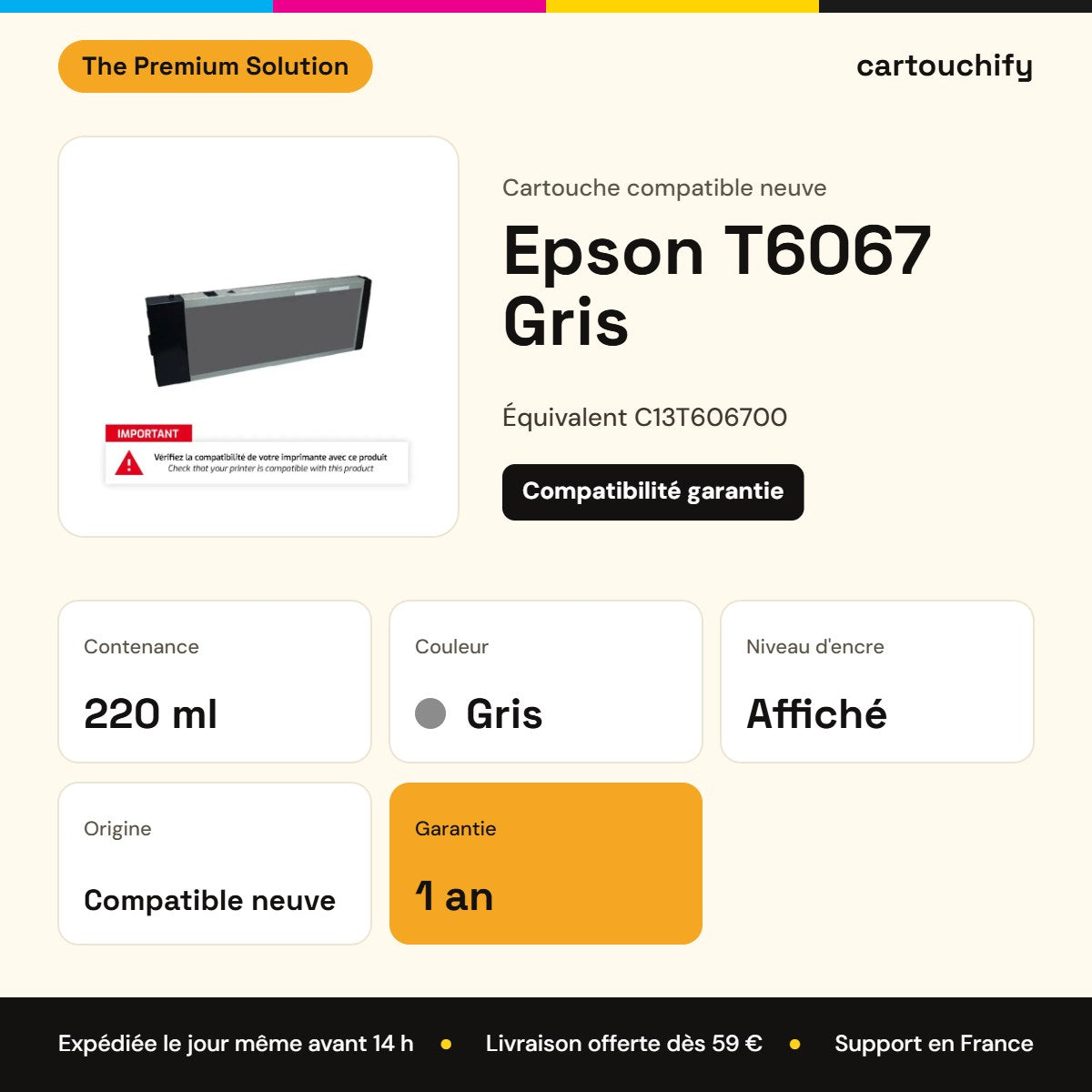 Epson T6067 Cartouche Gris compatible équivalent à C13T606700 pour Epson Stylus Pro 4800 : caractéristiques