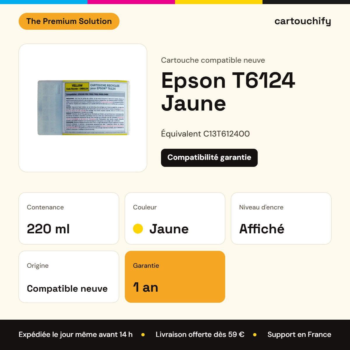 Epson T6124 Cartouche Jaune compatible équivalent à C13T612400 : caractéristiques