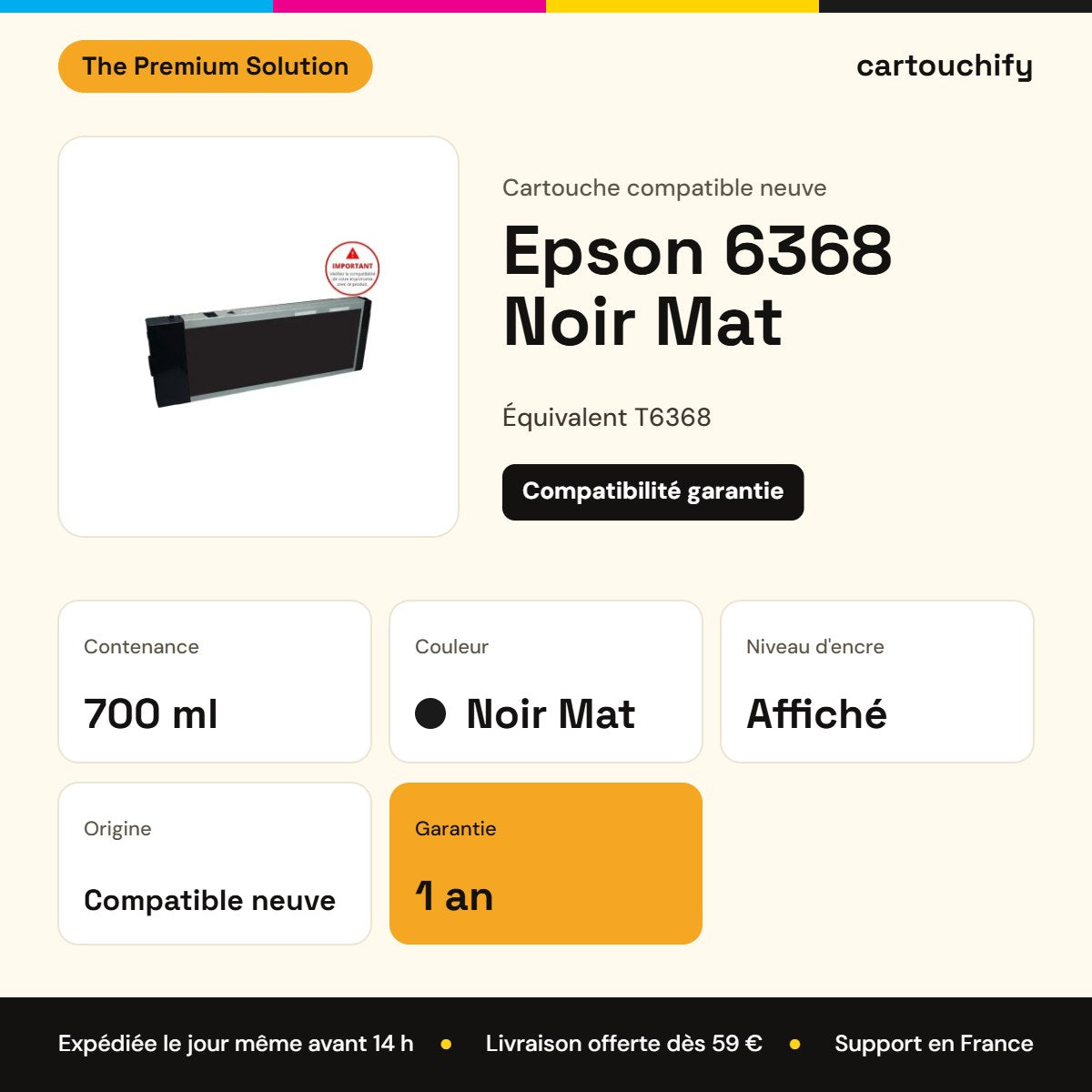 Epson 6368 Cartouche Noir mat compatible équivalent à C13T636800, T6368 : caractéristiques