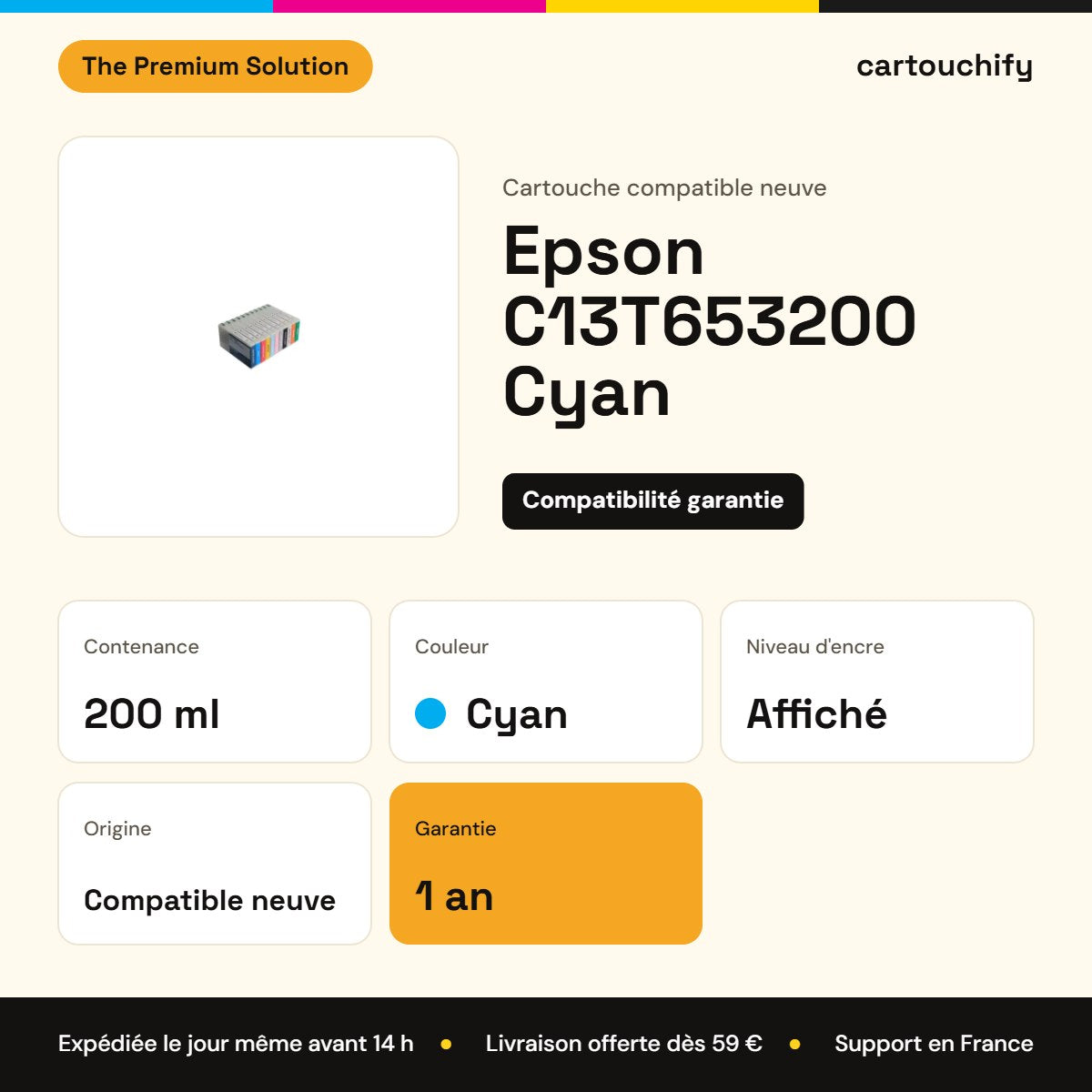 Epson C13T653200 Cartouche Cyan compatible : caractéristiques