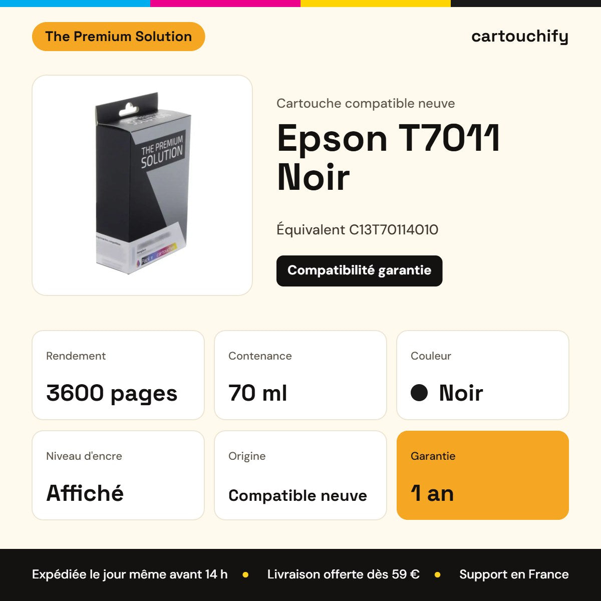 Epson T7011 Cartouche Noir compatible équivalent à C13T70114010 : caractéristiques