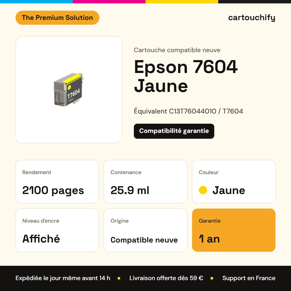 Epson 7604 Cartouche Jaune compatible équivalent à C13T76044010, T7604 : caractéristiques