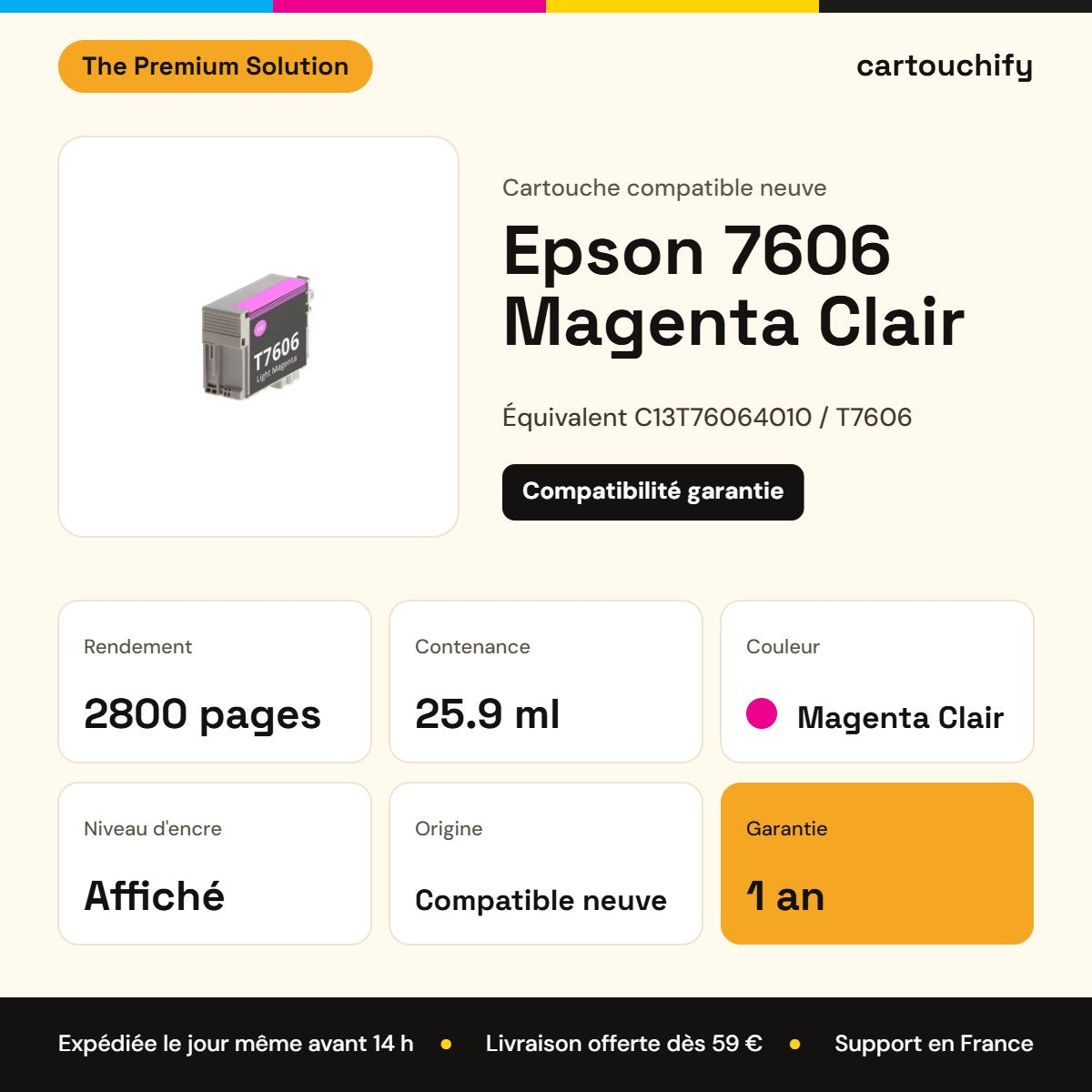 Epson 7606 Cartouche Light Magenta compatible équivalent à C13T76064010, T7606 : caractéristiques
