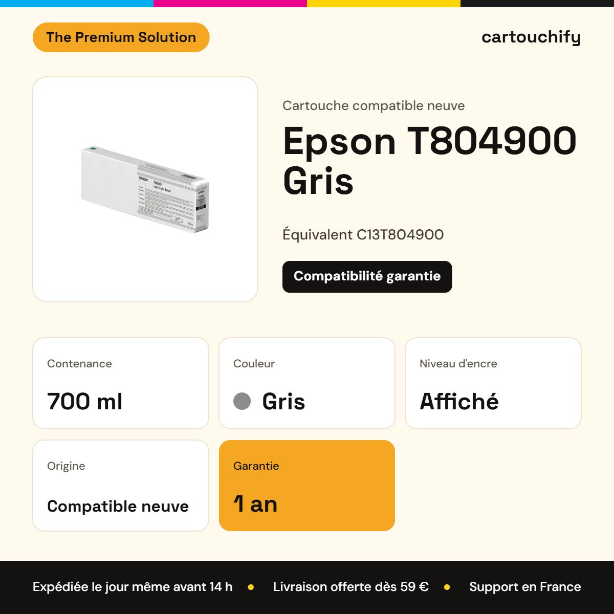 Epson T804900 Cartouche Gris compatible équivalent à C13T804900 : caractéristiques