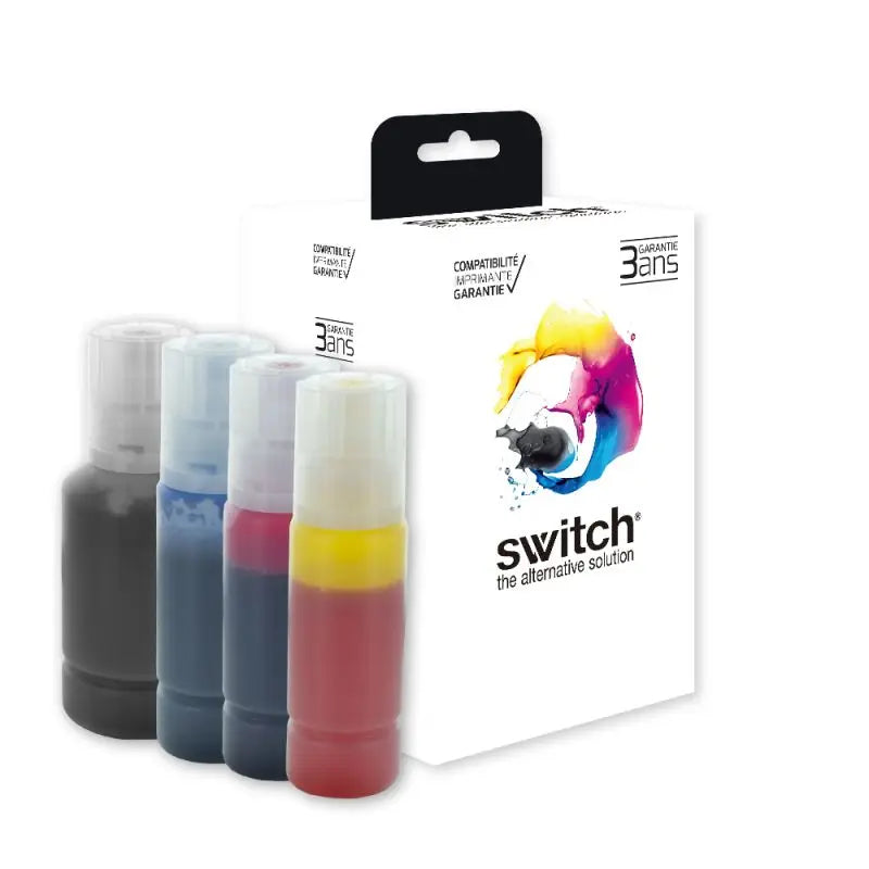 Epson E102/103/104/105/106/111/113, Flacon d’encre Pack 4 couleurs compatible Switch