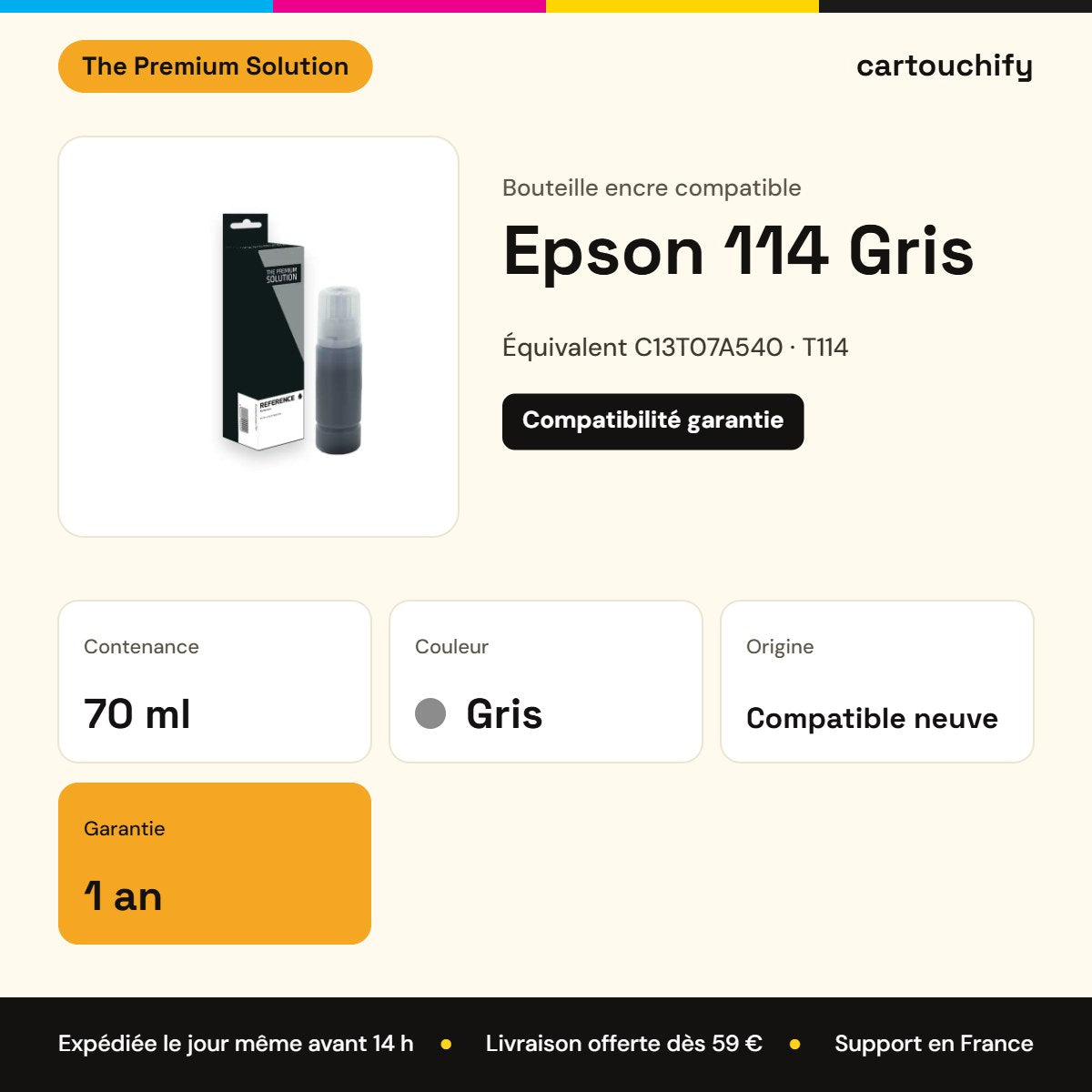 Epson 114 Bouteille encre Gris compatible équivalent à C13T07A540, T114 : caractéristiques