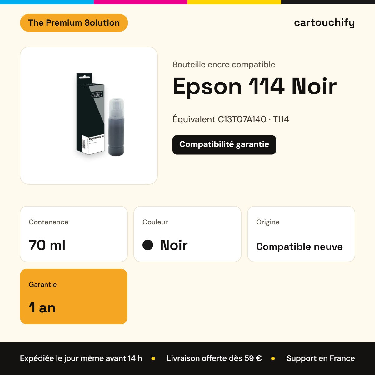 Epson 114 Bouteille encre Noir compatible équivalent à C13T07A140, T114 : caractéristiques