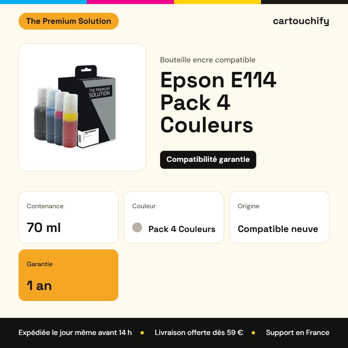 Epson E114 Flacon d'encre Pack 4 couleurs compatible : caractéristiques