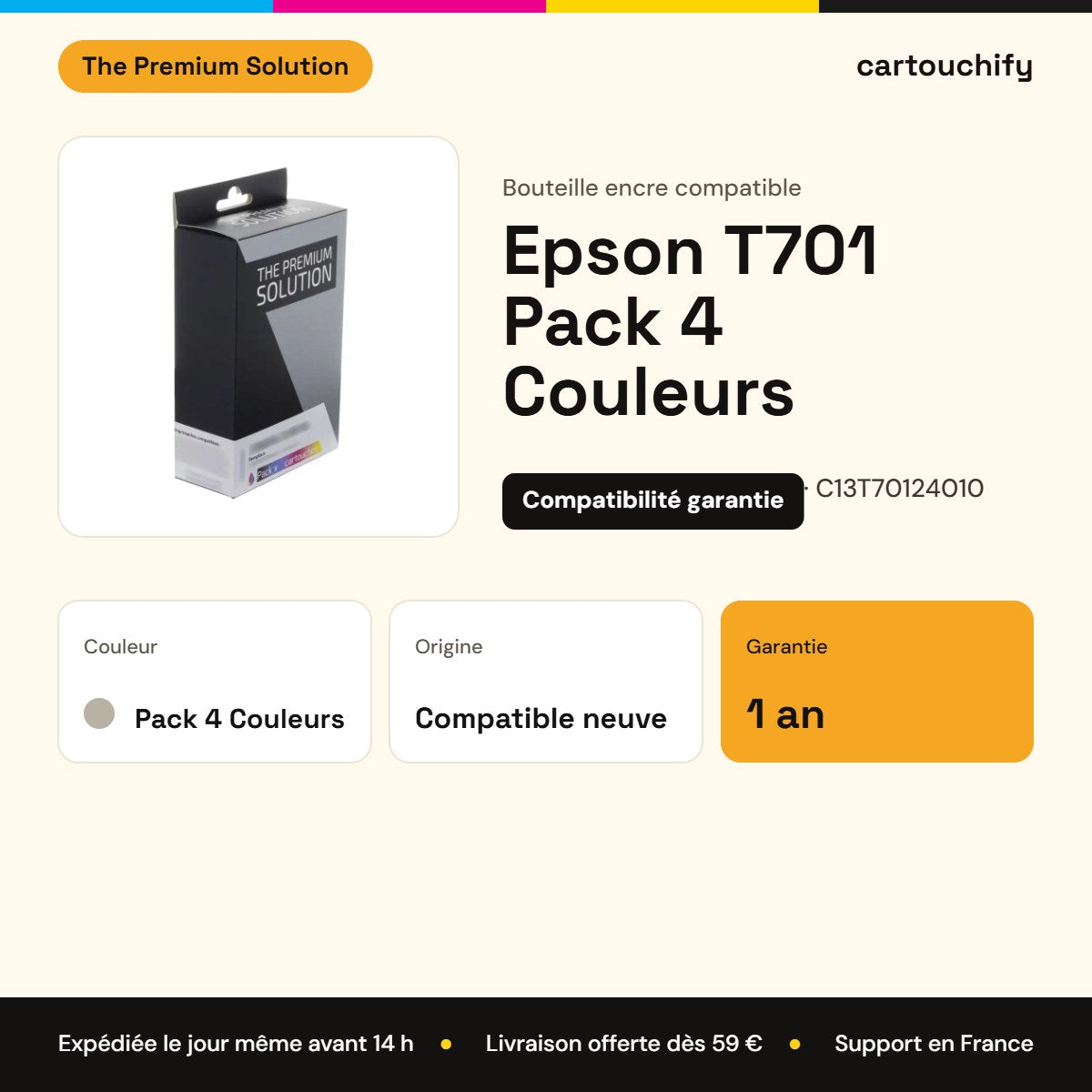 Epson T701 Bouteille encre Pack 4 Couleurs compatible équivalent à C13T70114010, T70124010, T70134010 : caractéristiques
