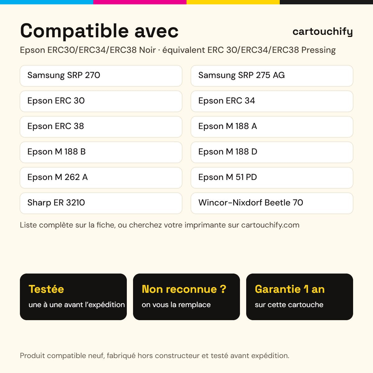 Imprimantes compatibles avec Epson ERC30/ERC34/ERC38 Ruban Noir compatible équivalent à ERC 30, ERC34, ERC38 Pressing