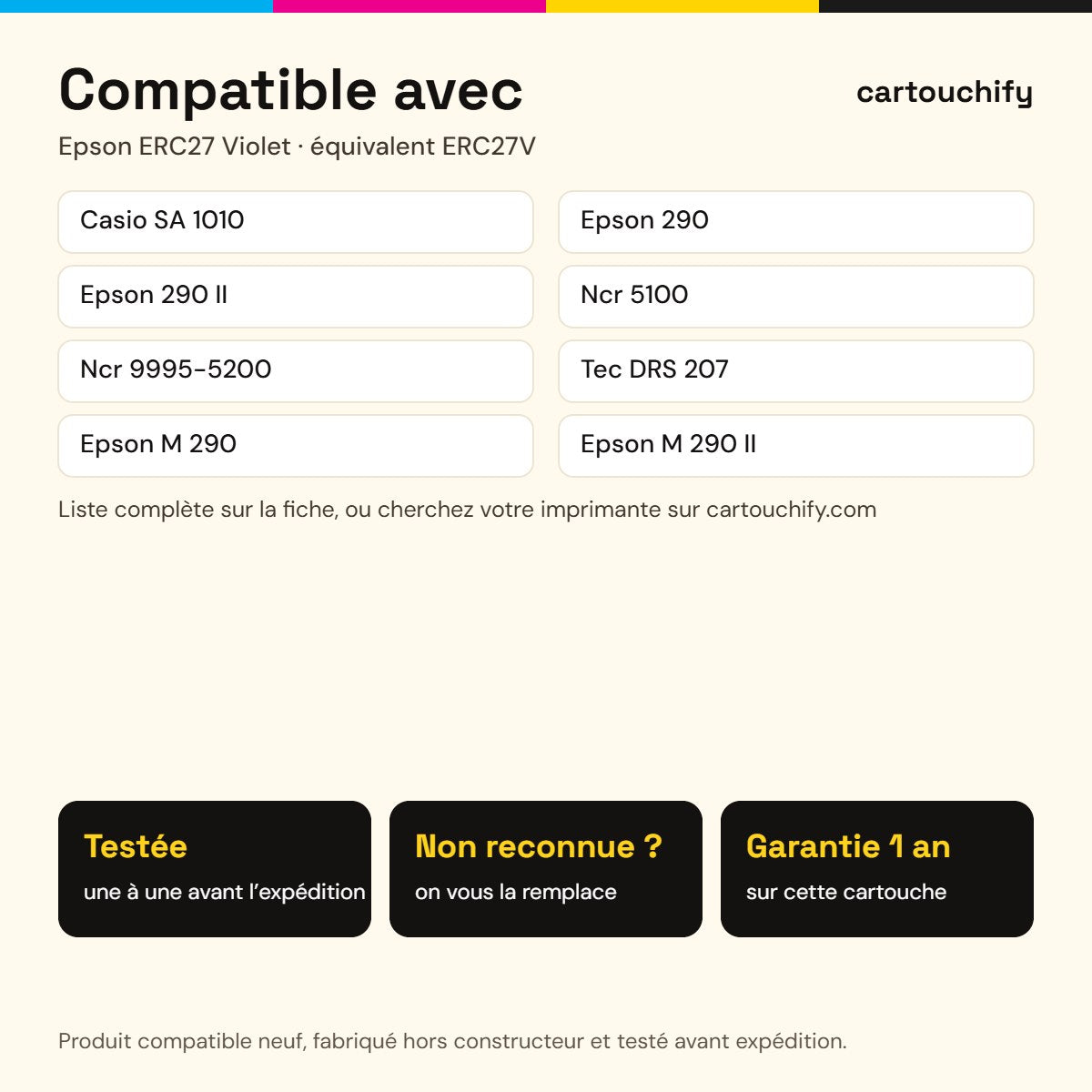 Imprimantes compatibles avec Epson ERC27 Ruban Violet compatible équivalent à ERC27V